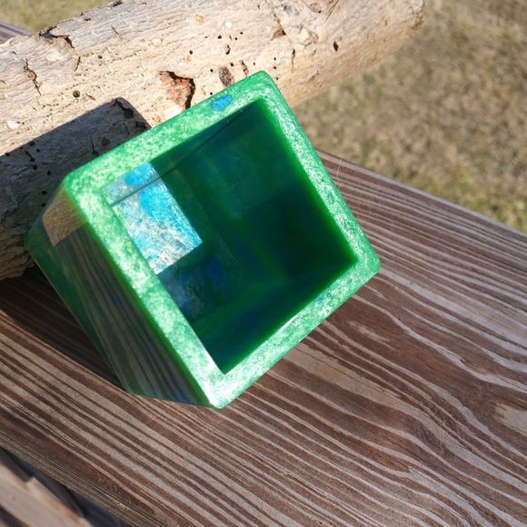 Green Blue Pen Holder Resin Art Work Home Cube Handmade Organizer Gift wfh - Picture 8 of 11